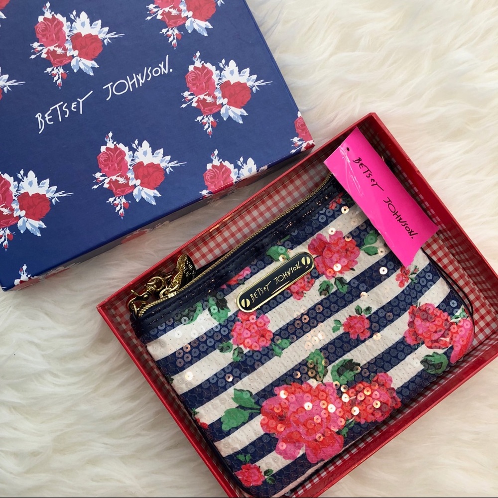 Betsey Johnson Floral Sequin Wristlet Clutch Bag